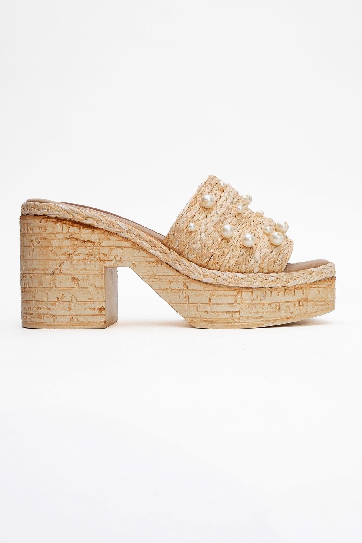 Rayne - Beige Straw Pearl Platform Heel Mule – top view showing pearl, leather, Vowalisse