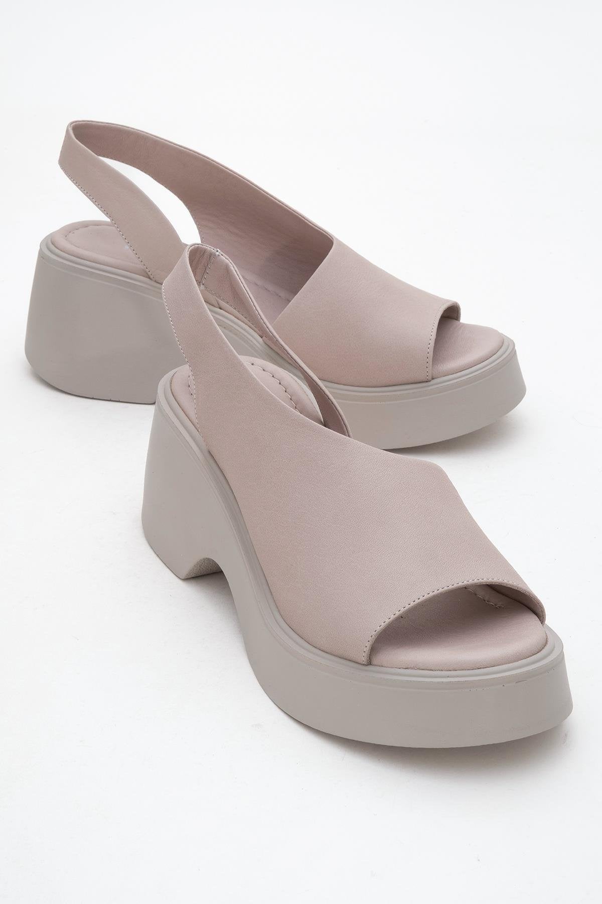 ROY Light Pink Leather Wedge Sandal – front three-quarter view showing leather, pink, red, Vowalisse