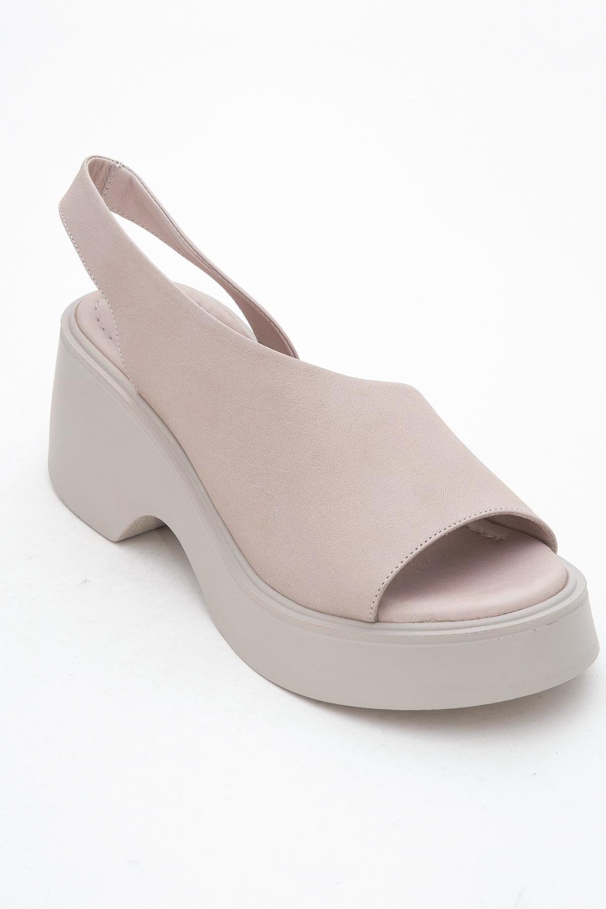 ROY Light Pink Leather Wedge Sandal – detail view showing leather, pink, red, Vowalisse