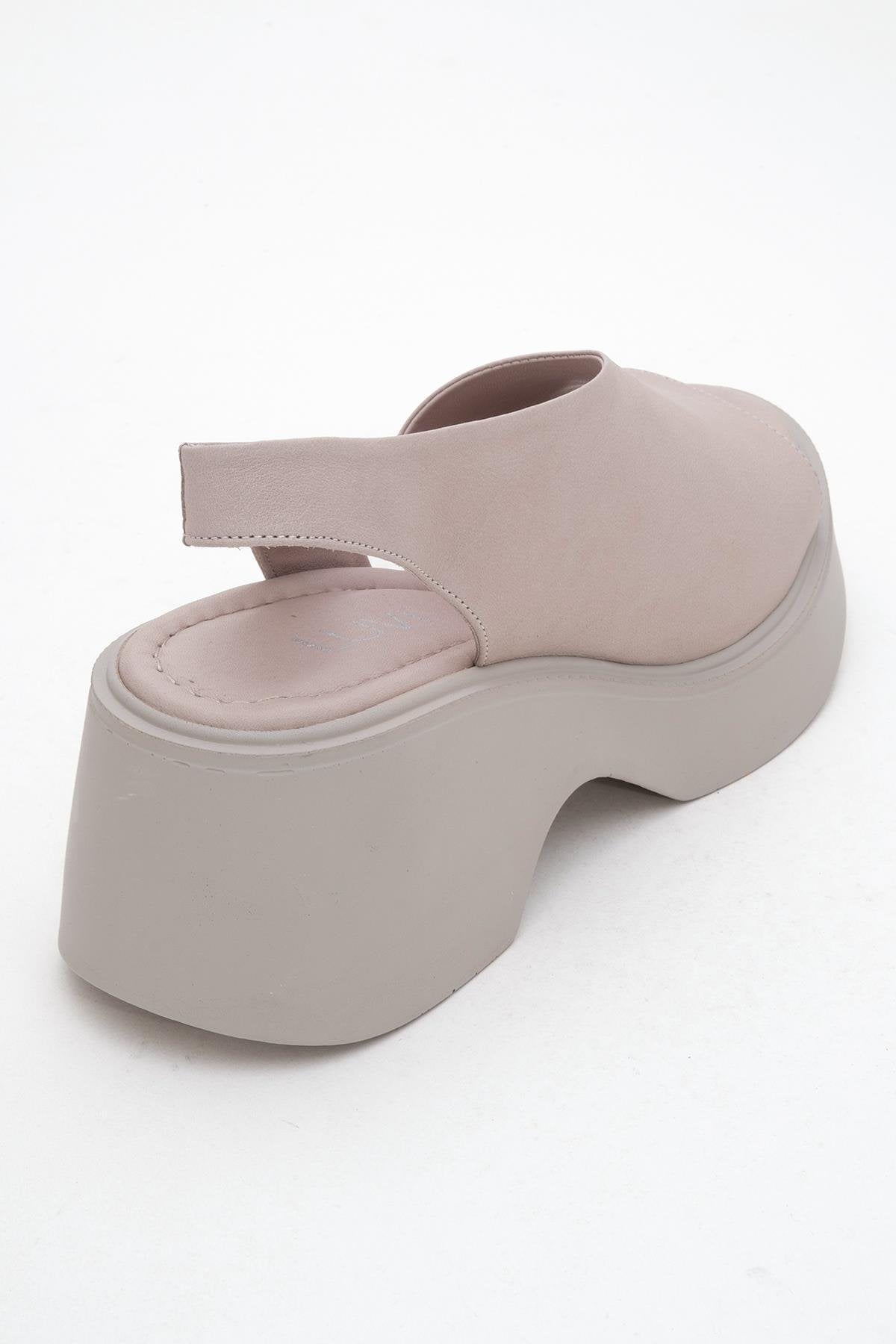 ROY Light Pink Leather Wedge Sandal – back view showing leather, pink, red, Vowalisse