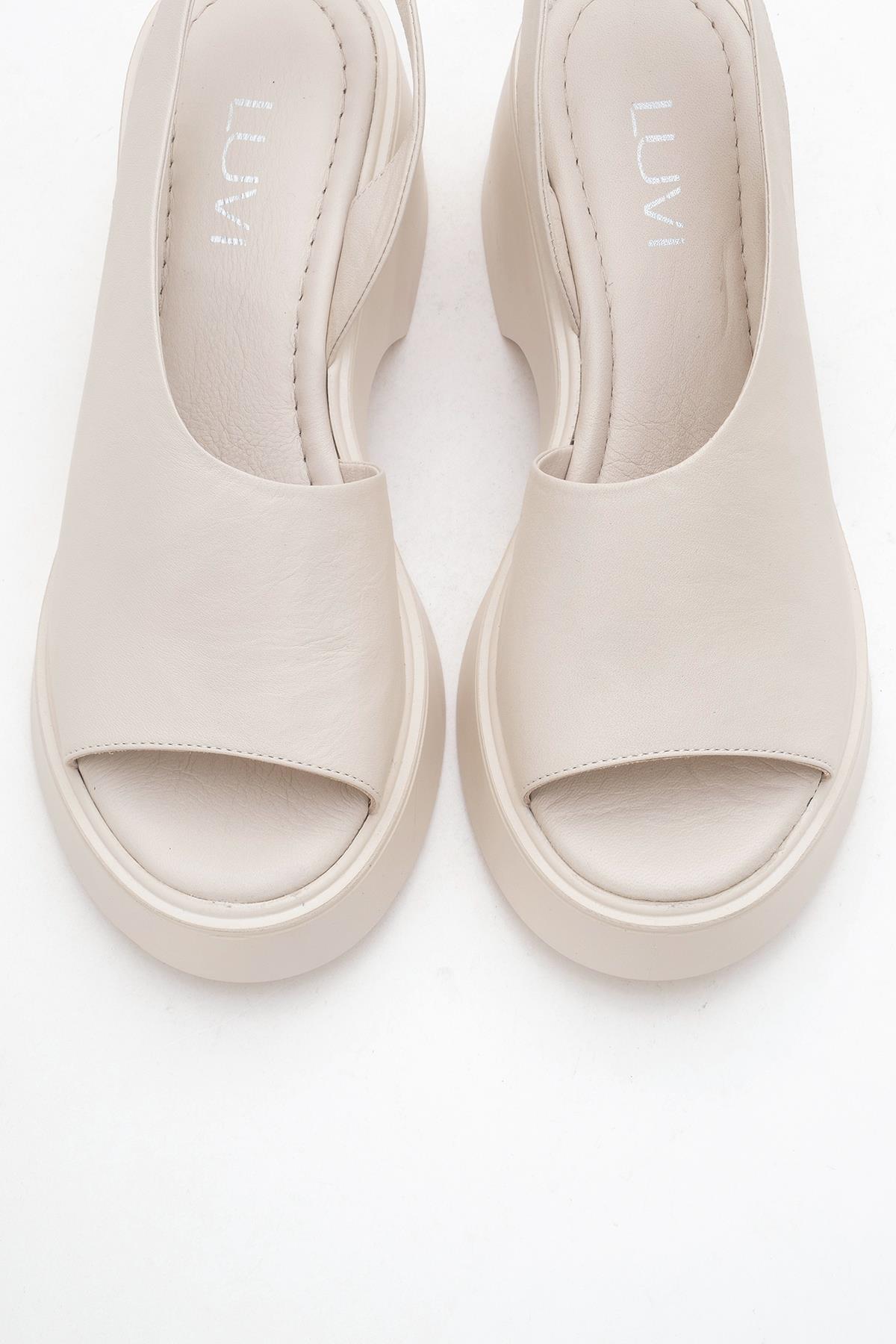 ROY Beige Leather Wedge Sandal – side view showing leather, red, Vowalisse