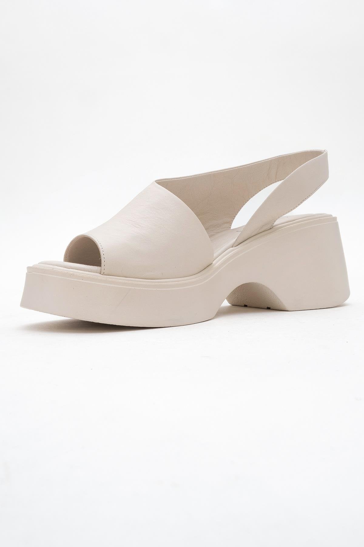 ROY Beige Leather Wedge Sandal – heel view showing leather, red, Vowalisse