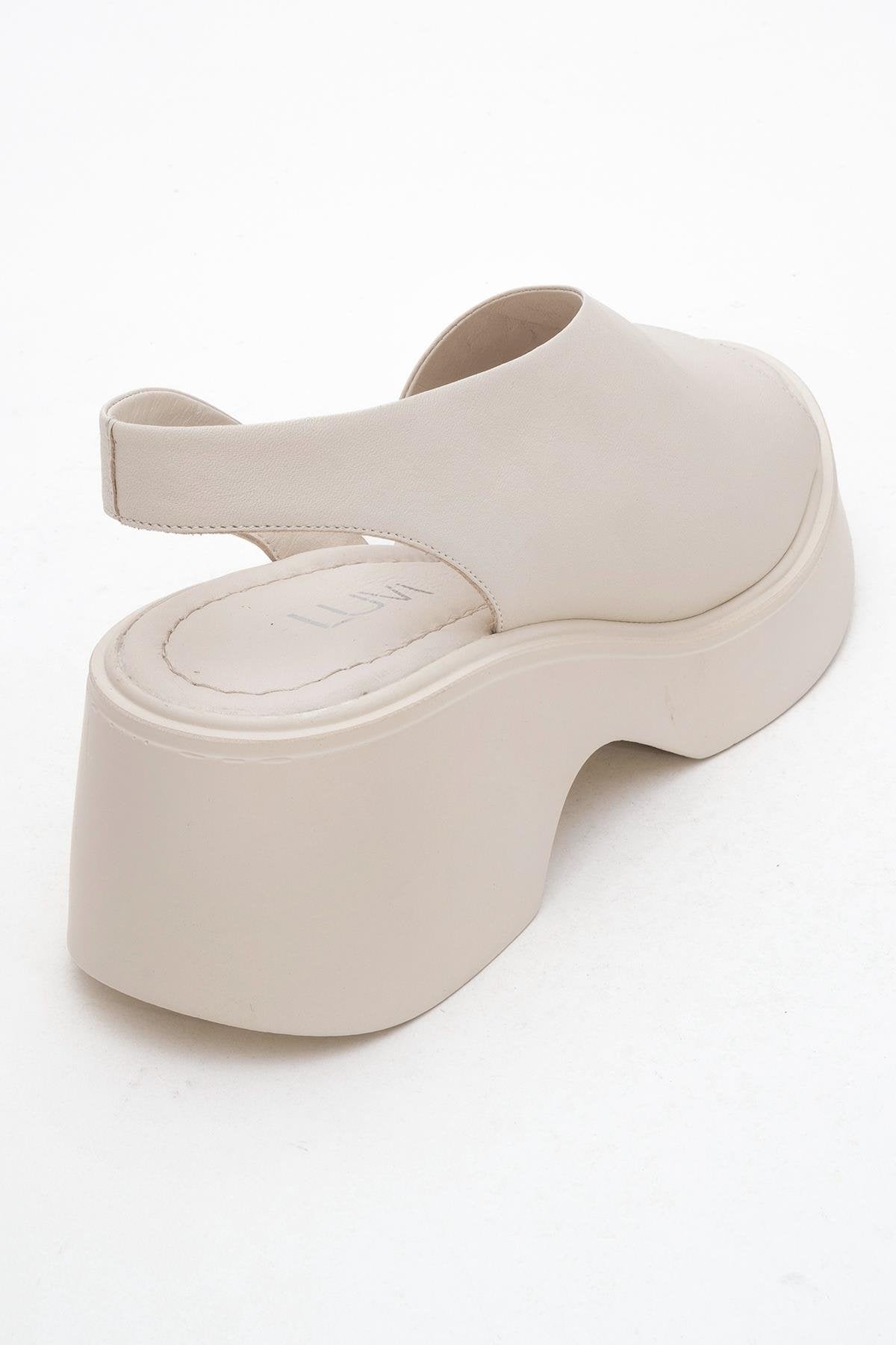 ROY Beige Leather Wedge Sandal – back view showing leather, red, Vowalisse