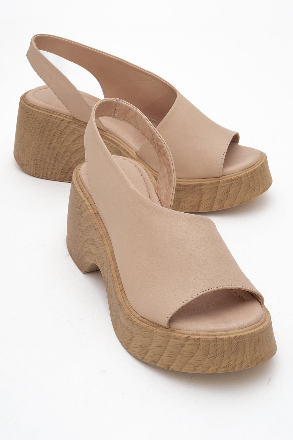 ROY Dark Beige Leather Wedge Sandal – front three-quarter view showing leather, red, Vowalisse