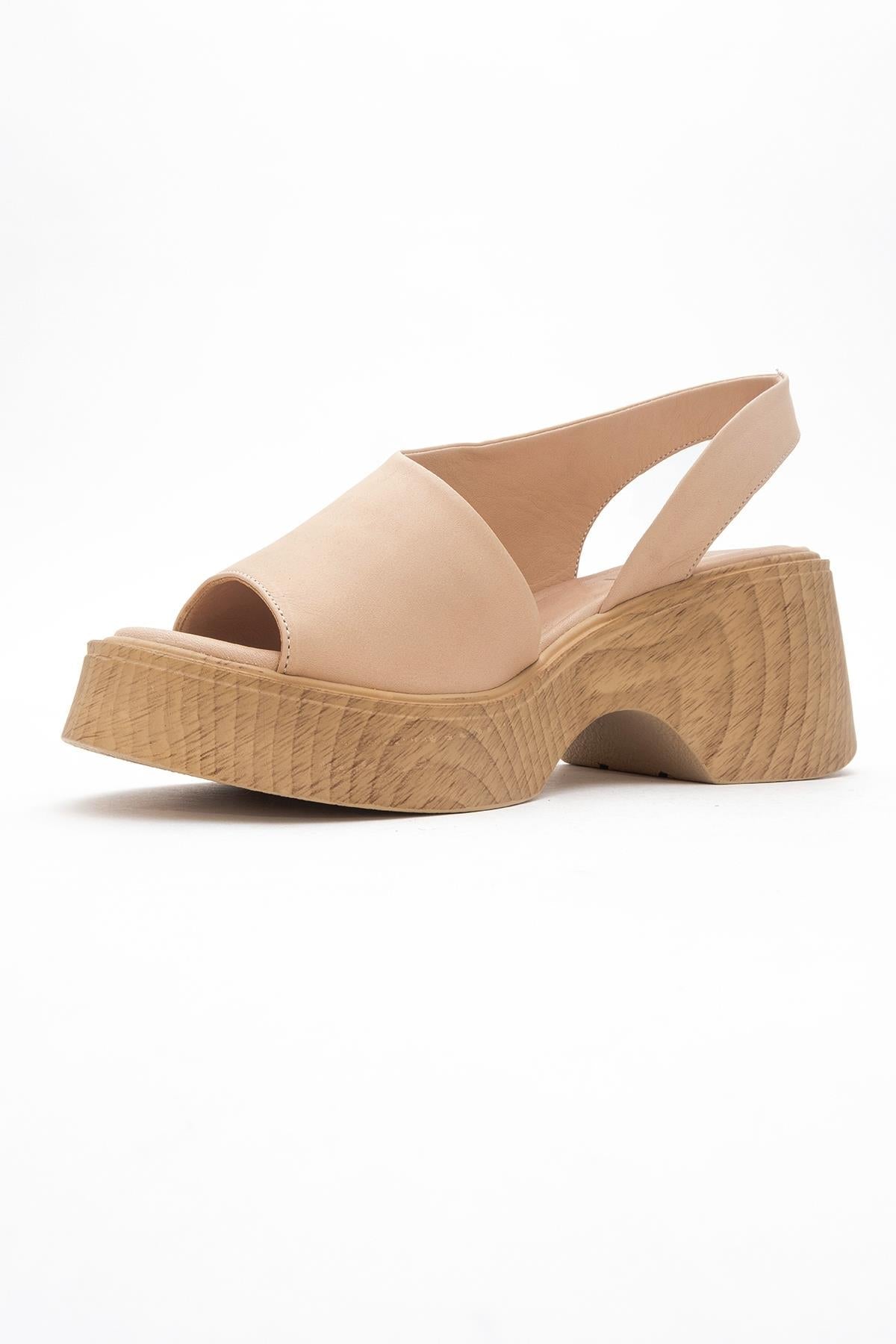 ROY Dark Beige Leather Wedge Sandal – heel view showing leather, red, Vowalisse