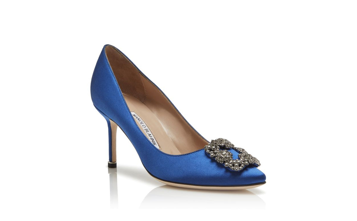 Seraphina Belle Blue Jewel Buckle Pumps – top view showing blue jewel buckle, crystal buckle, almond toe, satin, Vowalisse