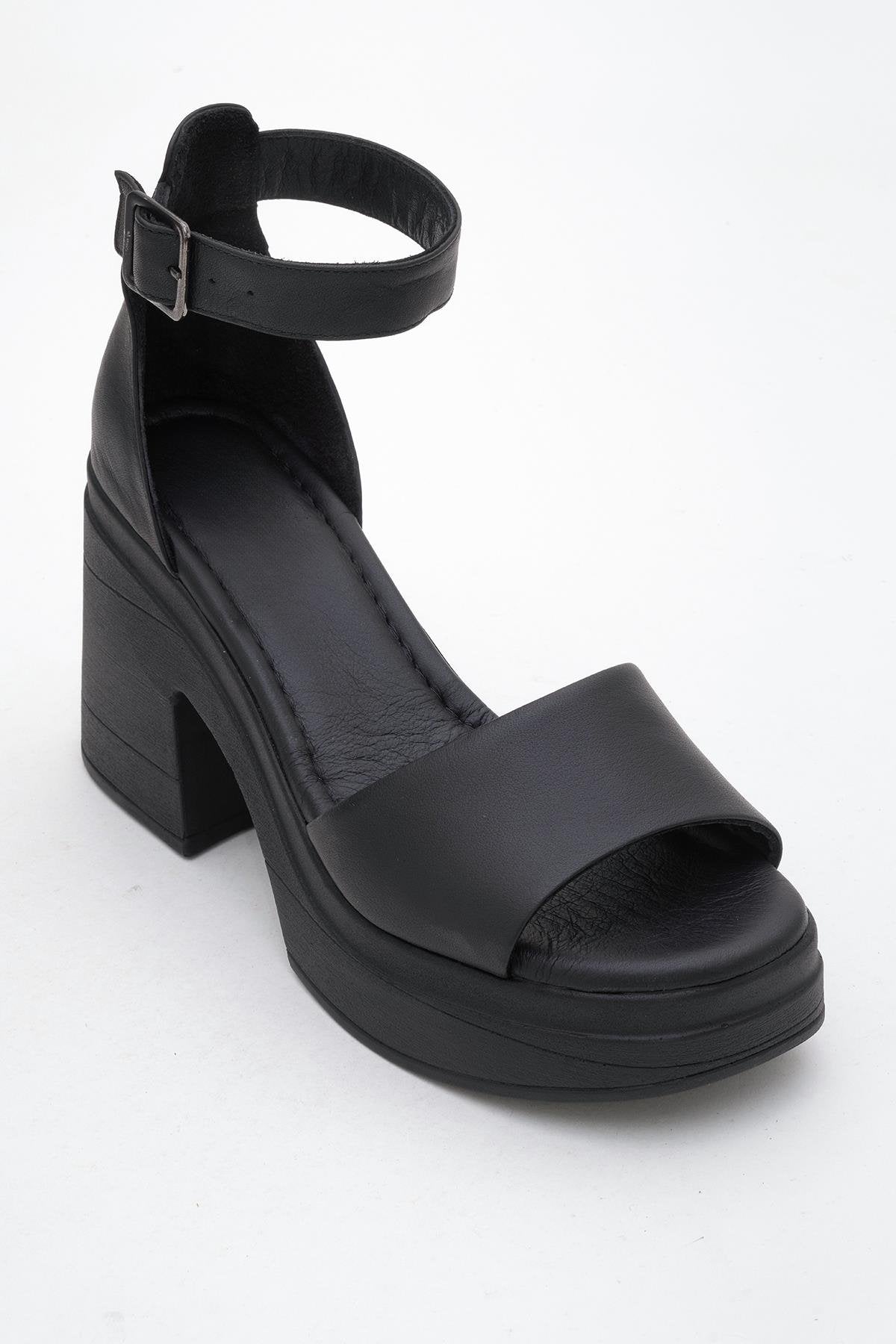 MARGOT Black Leather Platform Sandal – detail view showing leather, black, Vowalisse