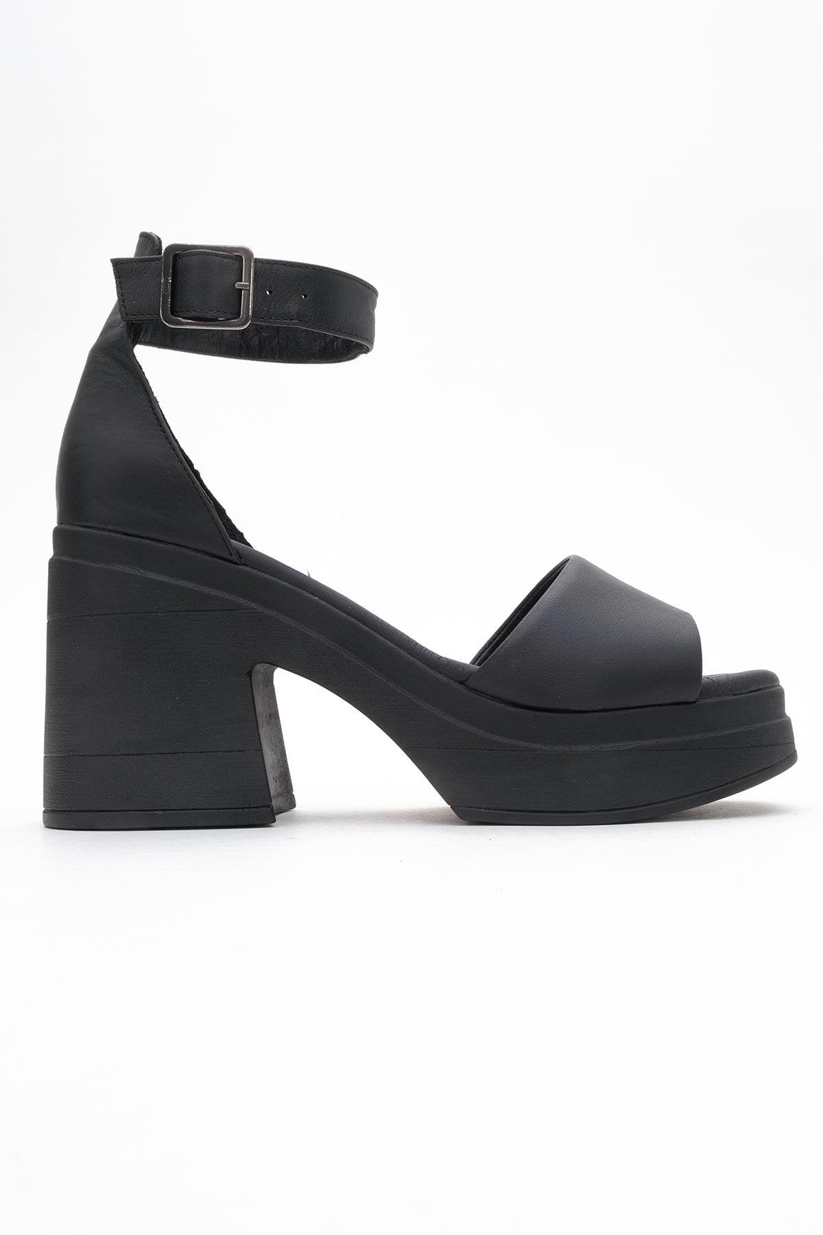 MARGOT Black Leather Platform Sandal – top view showing leather, black, Vowalisse
