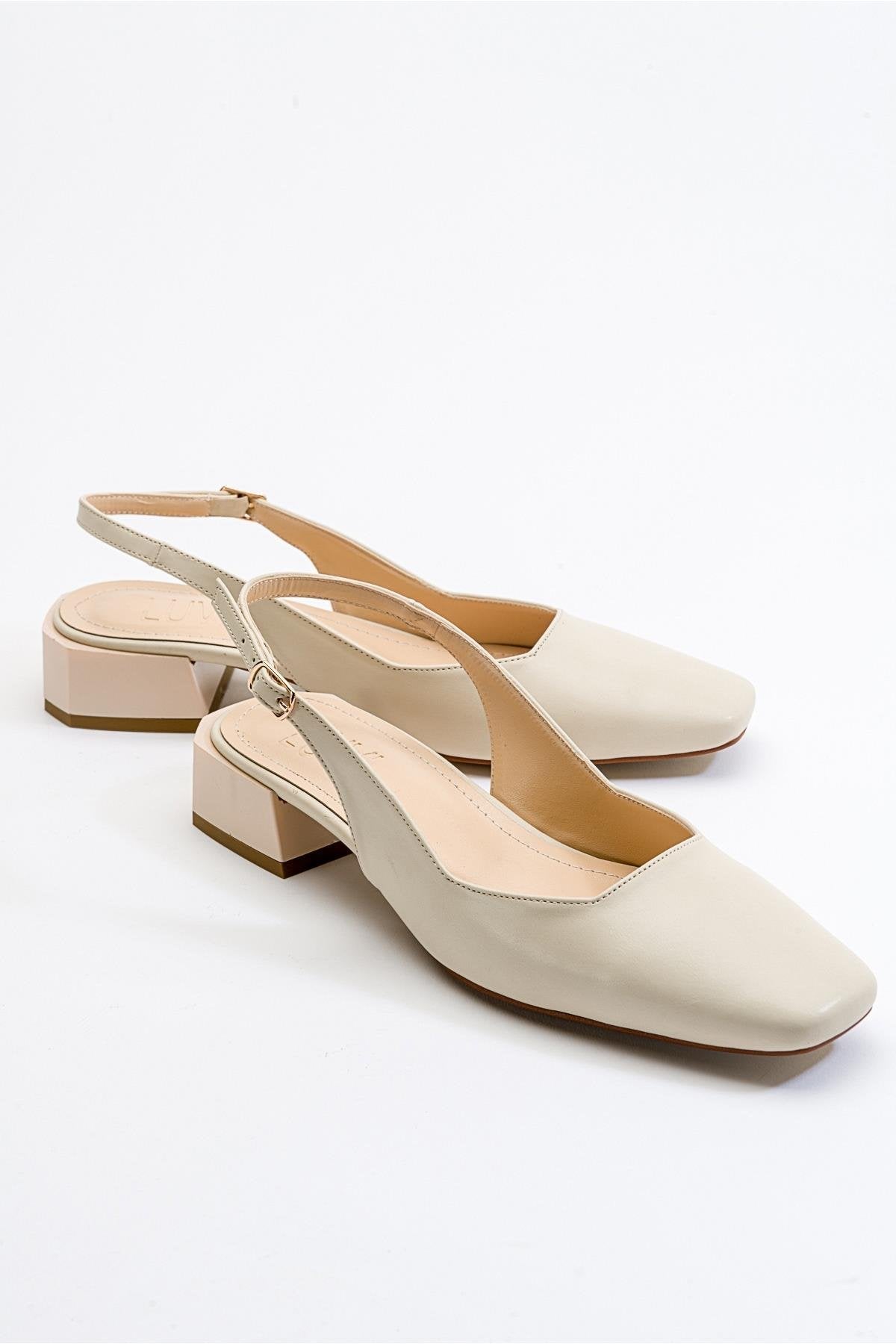State - Beige Heeled Shoe – front three-quarter view showing leather, Vowalisse