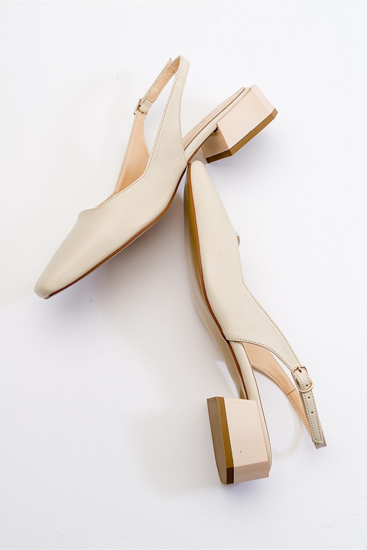 State - Beige Heeled Shoe – heel view showing leather, Vowalisse