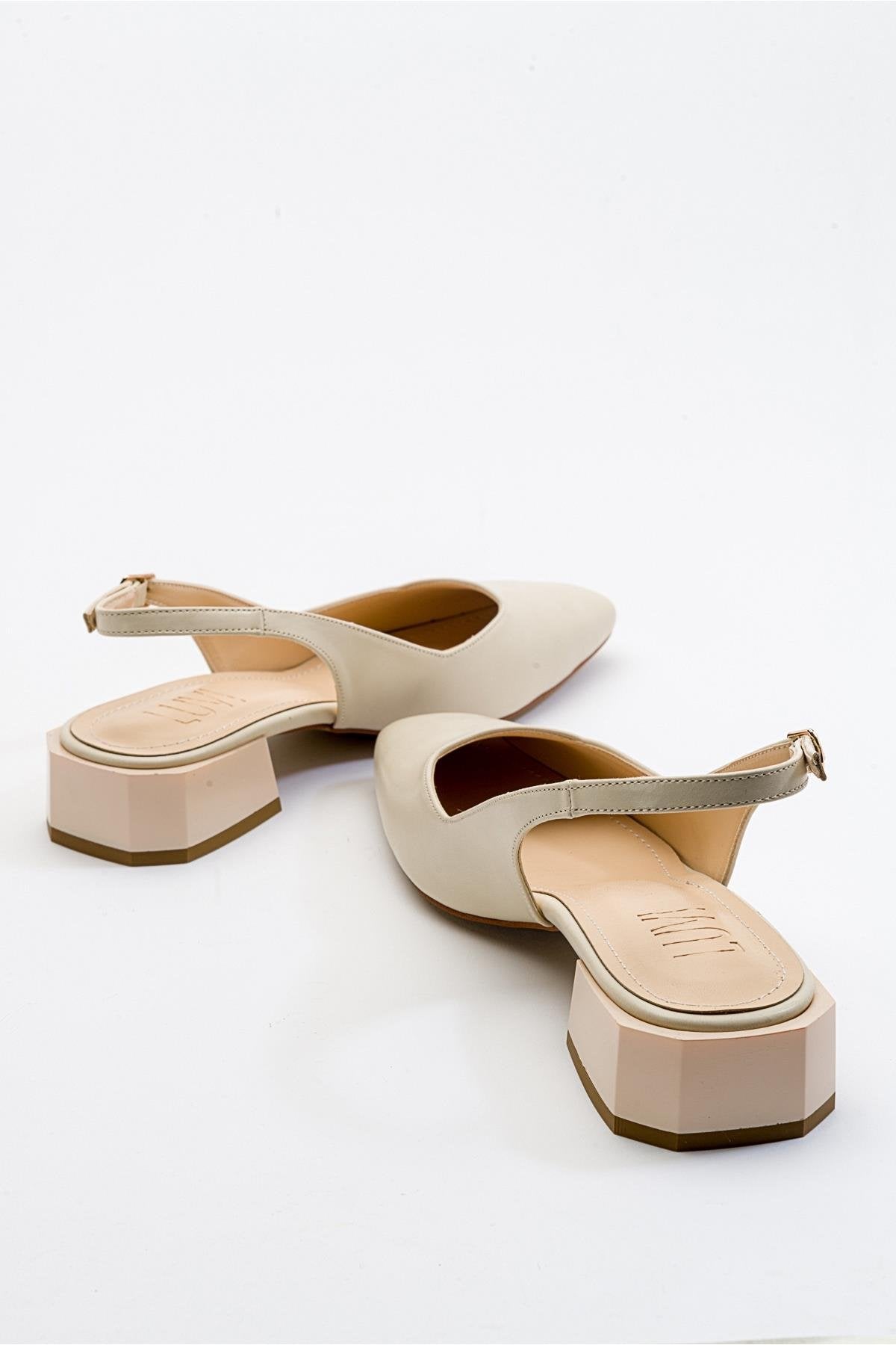 State - Beige Heeled Shoe – back view showing leather, Vowalisse