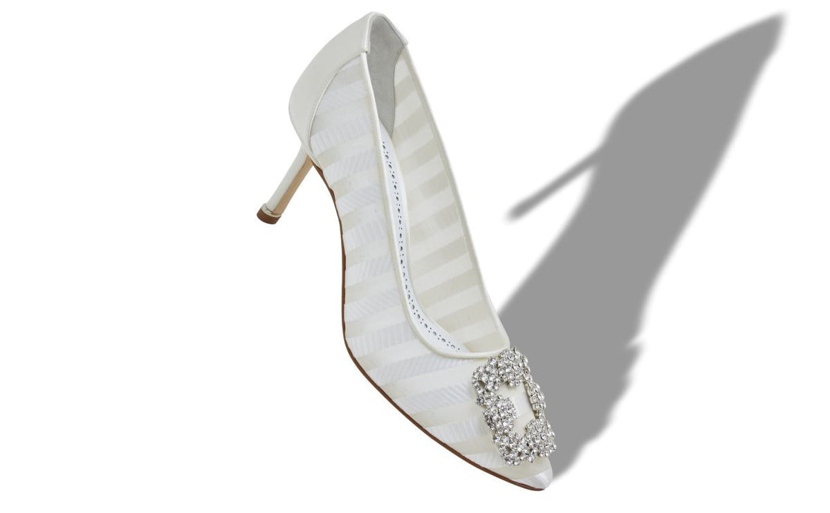 Bianca Pearl White Jewel Buckle Pumps – front three-quarter view showing white jewel buckle, crystal buckle, almond toe…