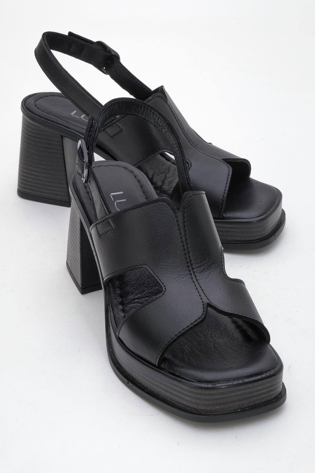 Zennia Black Leather Platform Sandal – front three-quarter view showing leather, black, Vowalisse