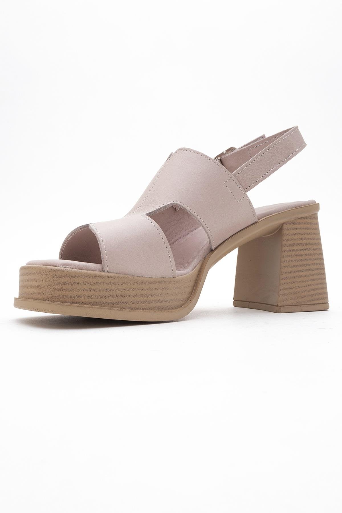 Zennia Beige Leather Platform Sandal – heel view showing leather, Vowalisse