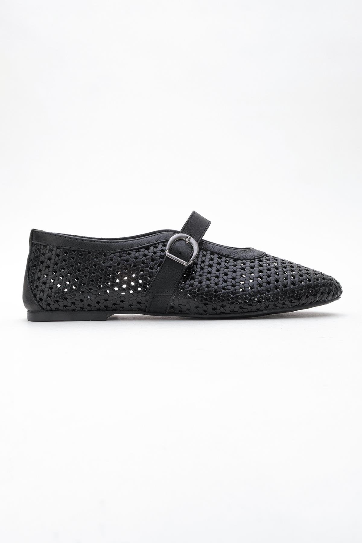 MIRELLA Black Braided Leather Ballet Flats – top view showing leather, black, Vowalisse