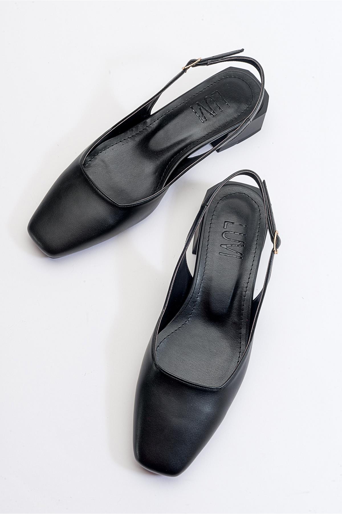 State - Black Heeled Shoe – heel view showing leather, black, Vowalisse