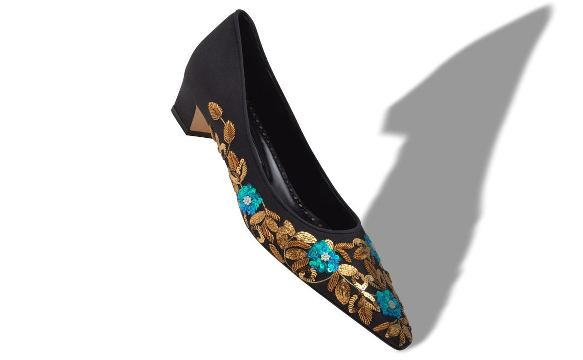 Aurelia Rose Black Embroidered Pumps – front three-quarter view showing black embroidered, almond toe, Vowalisse