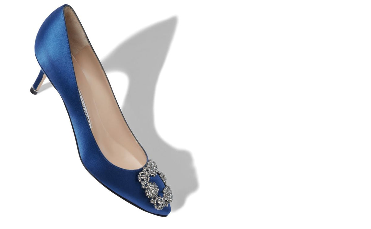 Marcella Dawn Blue Jewel Buckle Pumps – front three-quarter view showing blue jewel buckle, crystal buckle, almond toe…