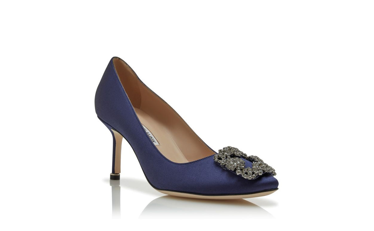 Delphine Belle Blue Jewel Buckle Pumps – top view showing blue jewel buckle, crystal buckle, almond toe, satin, Vowalisse