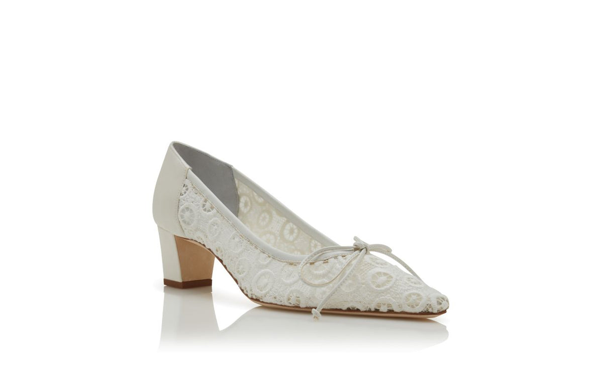 Elara Muse White Bow Detail Pumps – top view showing white bow detail, almond toe, lace, Vowalisse