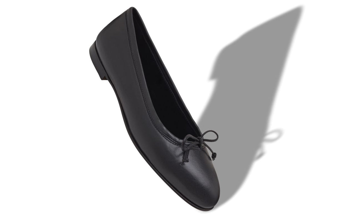 Seraphina Grace Black Bow Detail Pumps – front three-quarter view showing black bow detail, round toe, nappa leather…