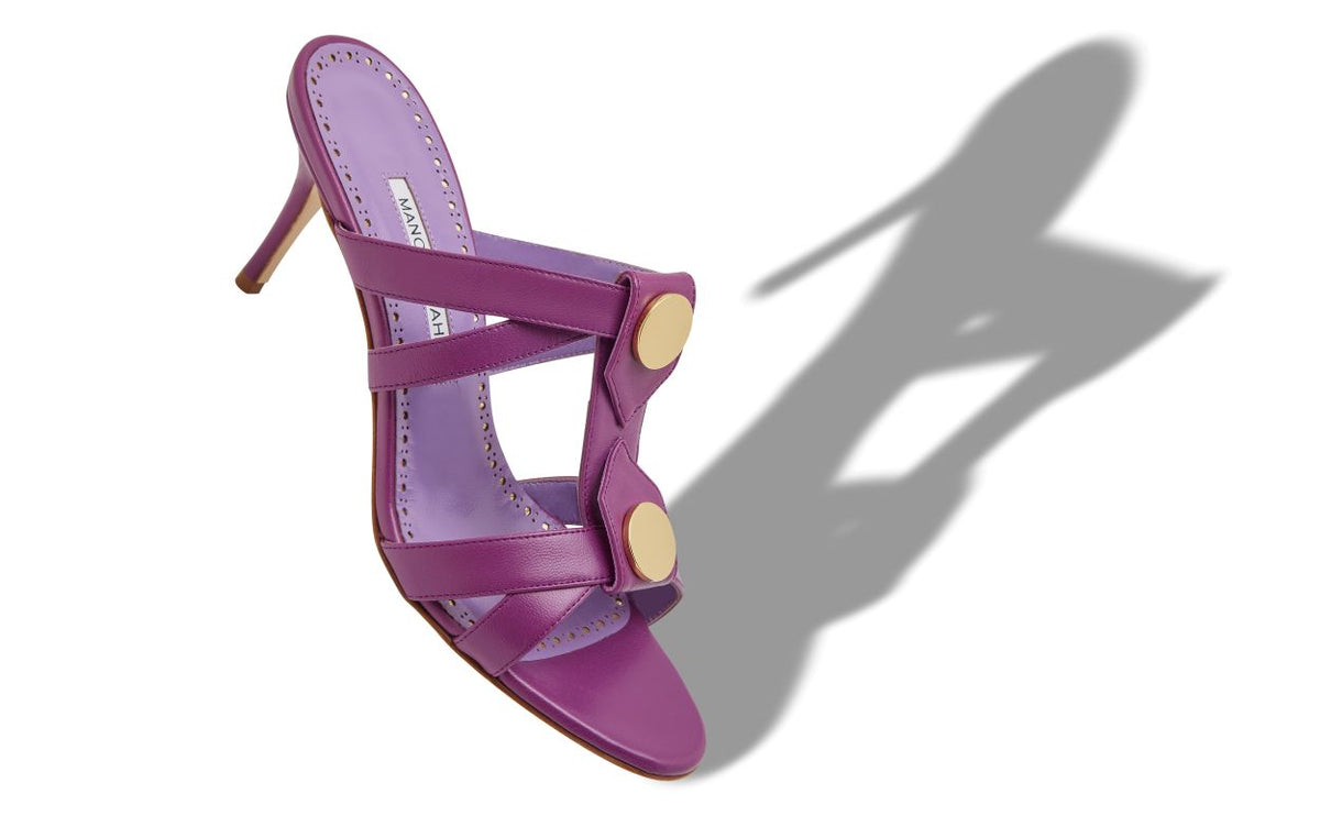 Marcella Shine Purple Button Detail Mules – front three-quarter view showing purple button detail, t-bar, open toe, nappa…