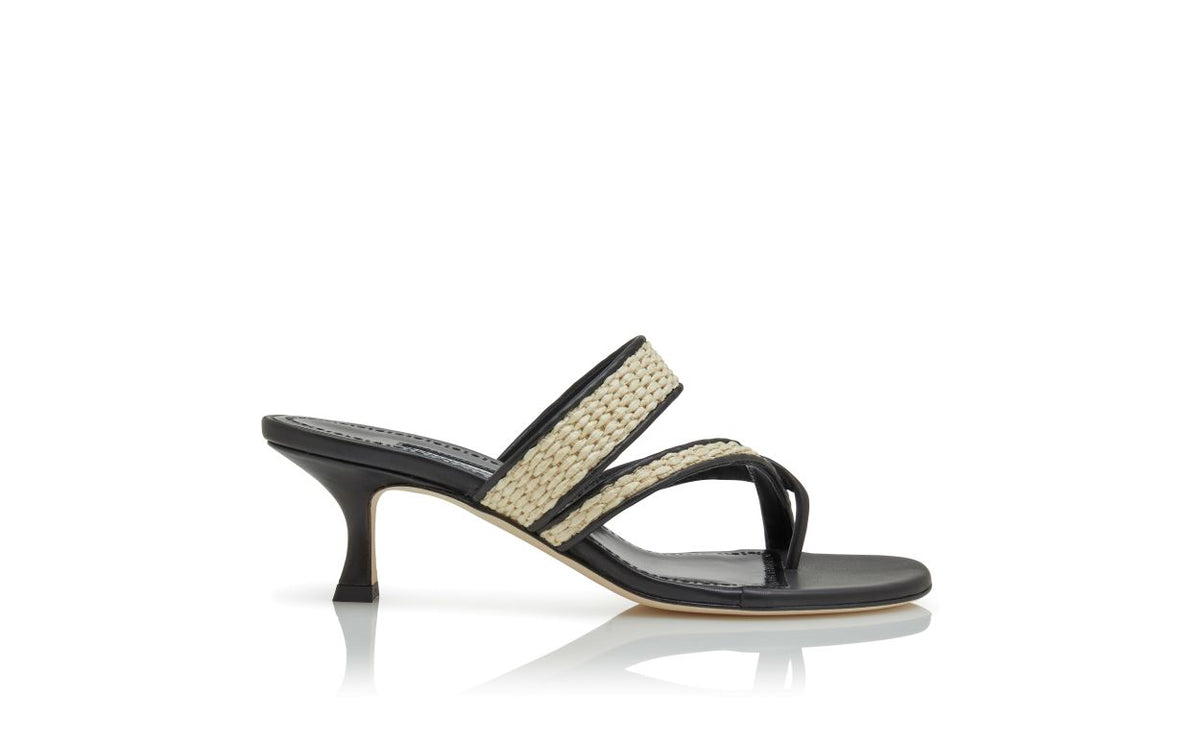 Rosalie Grace Black Crossover Mules – side profile showing black crossover, open toe, nappa leather, raffia, Vowalisse