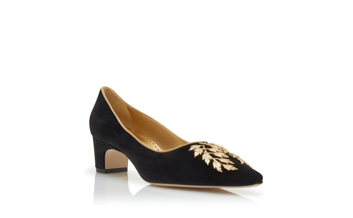Leonora Lace Black Almond Toe Pumps – top view showing black almond toe, velvet, Vowalisse