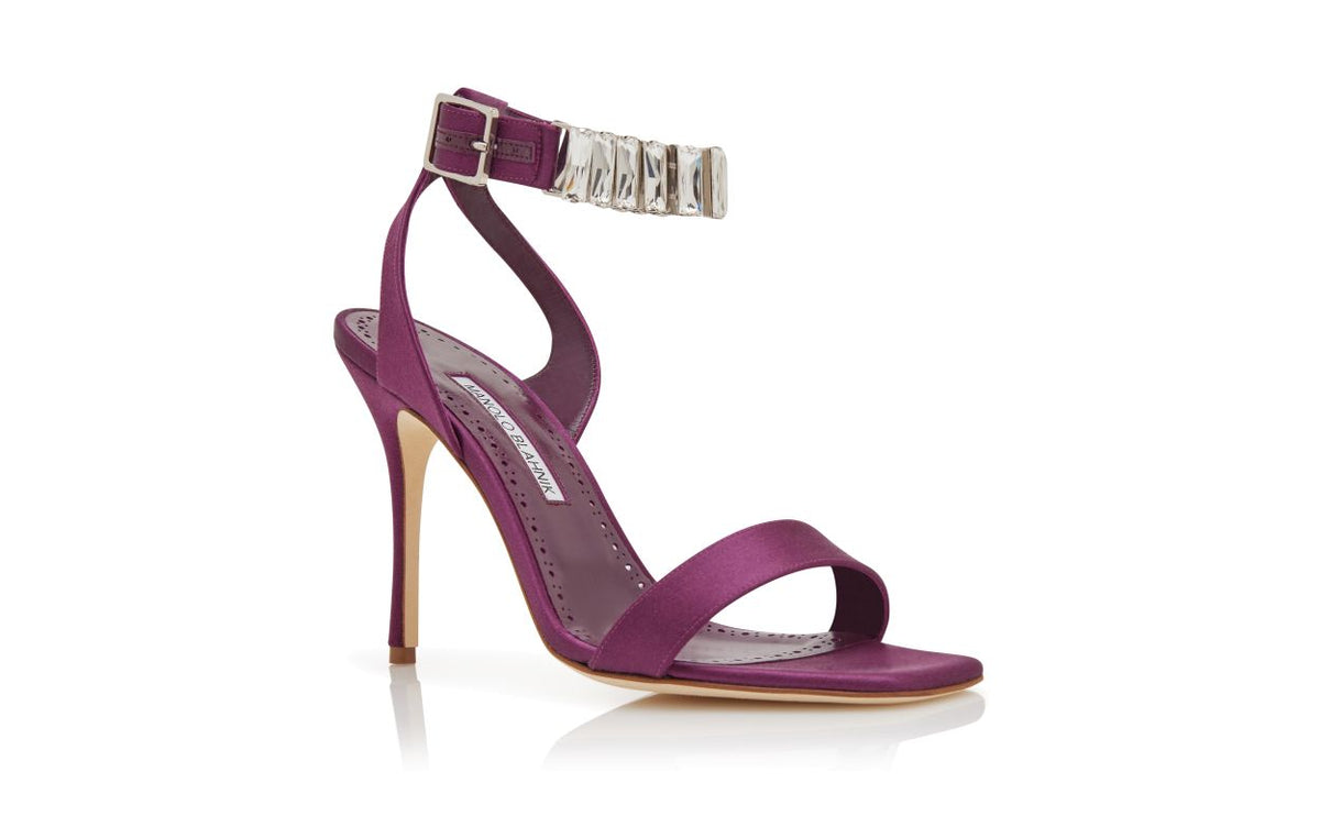 Lucienne Shine Purple Crystal Embellished Ankle-Strap Shoes – top view showing purple crystal embellished, ankle strap, open…
