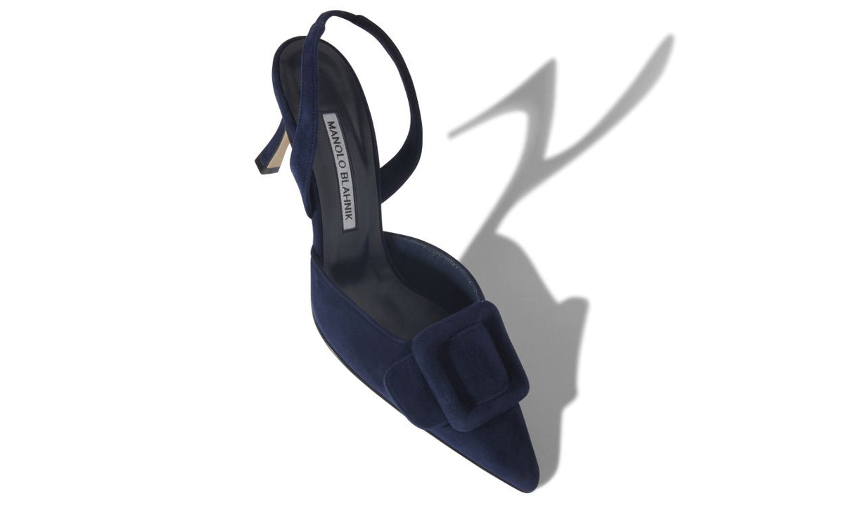 Elara Bloom Blue Slingback Slingbacks – front three-quarter view showing blue slingback, pointed toe, suede, Vowalisse