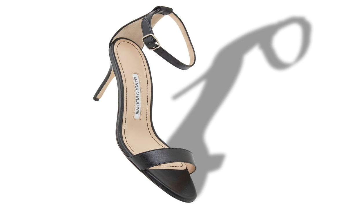 Seraphina Flame Black Ankle Strap Ankle-Strap Shoes – front three-quarter view showing black ankle strap, open toe, nappa…