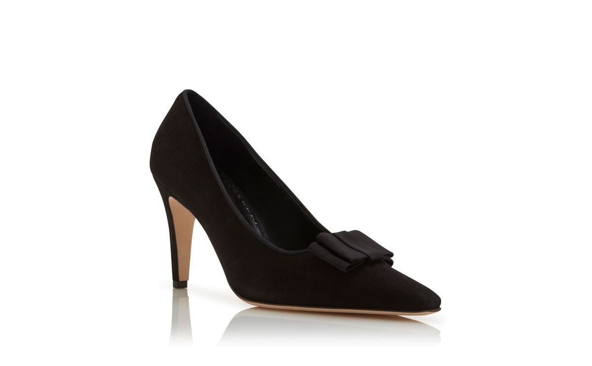 Rosalie Lace Black Bow Detail Pumps – top view showing black bow detail, pointed toe, suede, Vowalisse