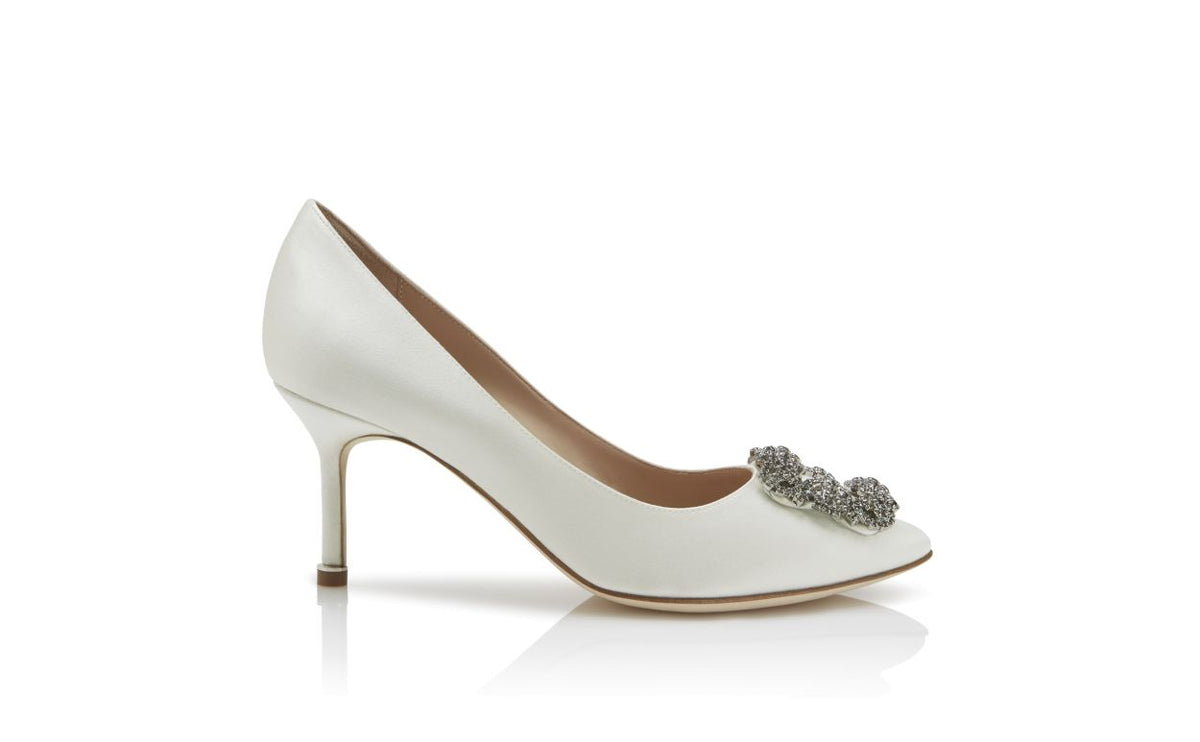 Cressida Belle White Jewel Buckle Pumps – side profile showing white jewel buckle, crystal buckle, almond toe, satin…