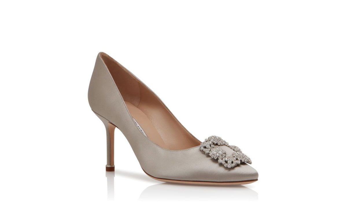 Anastasia Halo Grey Jewel Buckle Pumps – top view showing grey jewel buckle, crystal buckle, almond toe, satin, Vowalisse