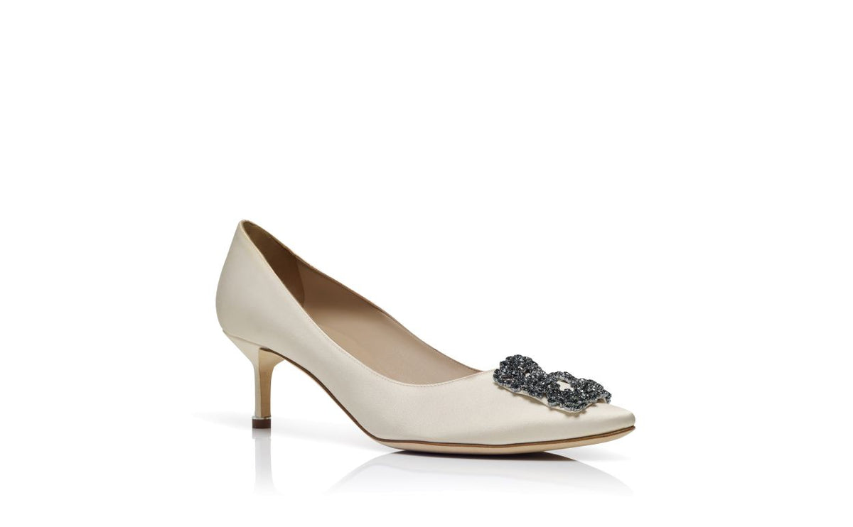 Juliette Rose White Jewel Buckle Pumps – top view showing white jewel buckle, crystal buckle, almond toe, satin, Vowalisse