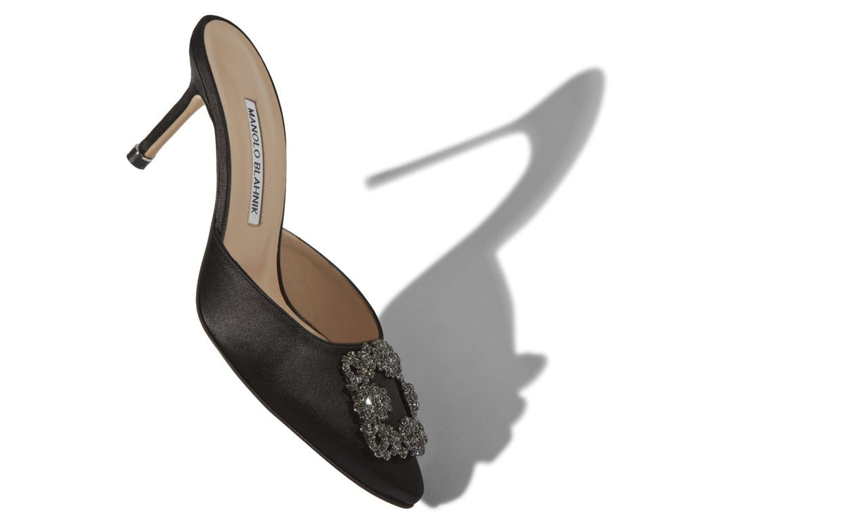 Lunette Crown Black Jewel Buckle Mules – front three-quarter view showing black jewel buckle, crystal buckle, almond toe…