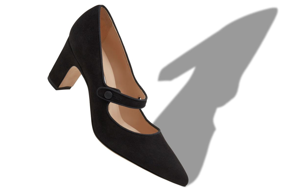 Elara Élan Black Pointed Toe Mary Jane Shoes – front three-quarter view showing black pointed toe, suede, Vowalisse