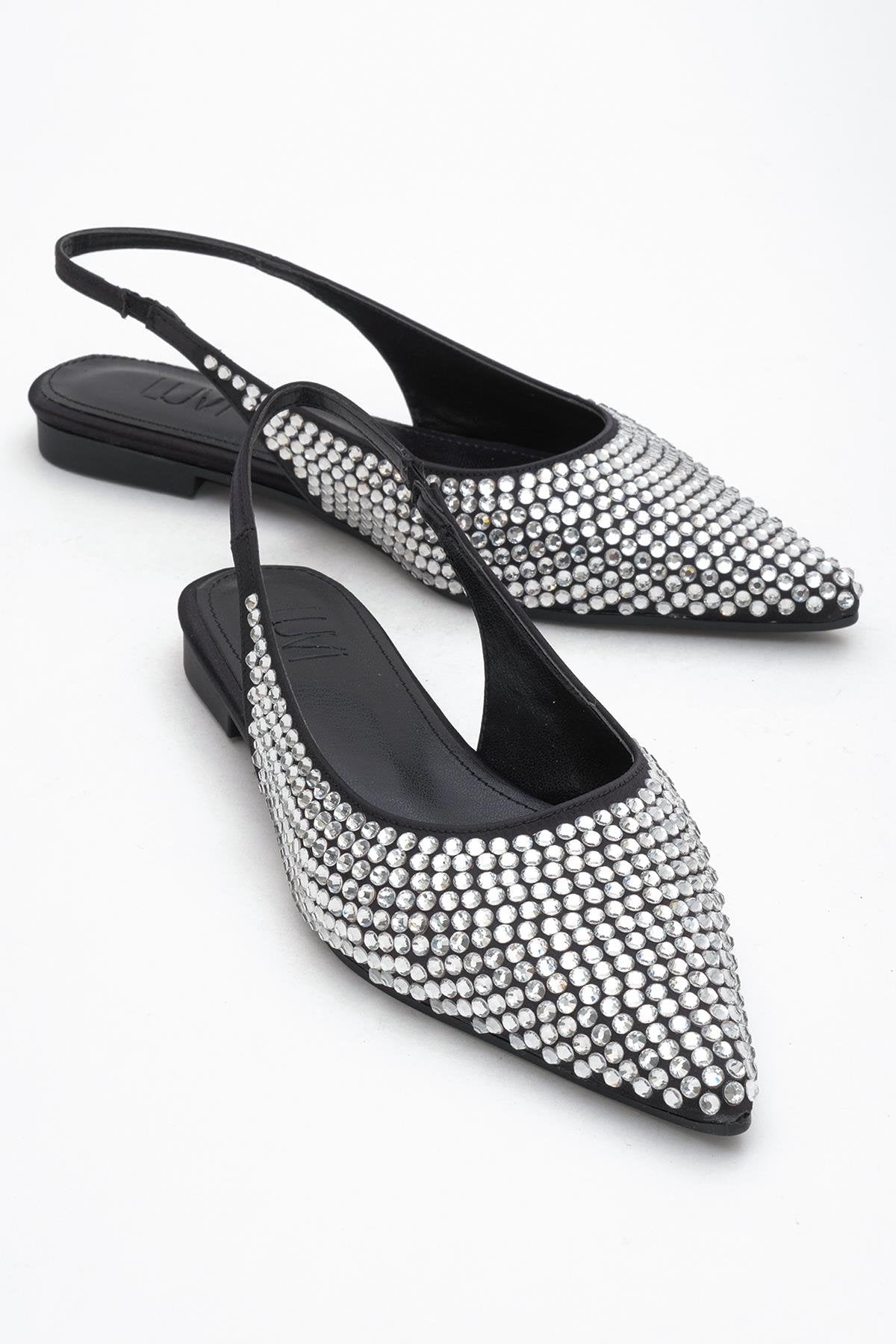 Ida - Black Silver Pointed Toe Slingback Ballerina Flat – front three-quarter view showing leather, black, silver…