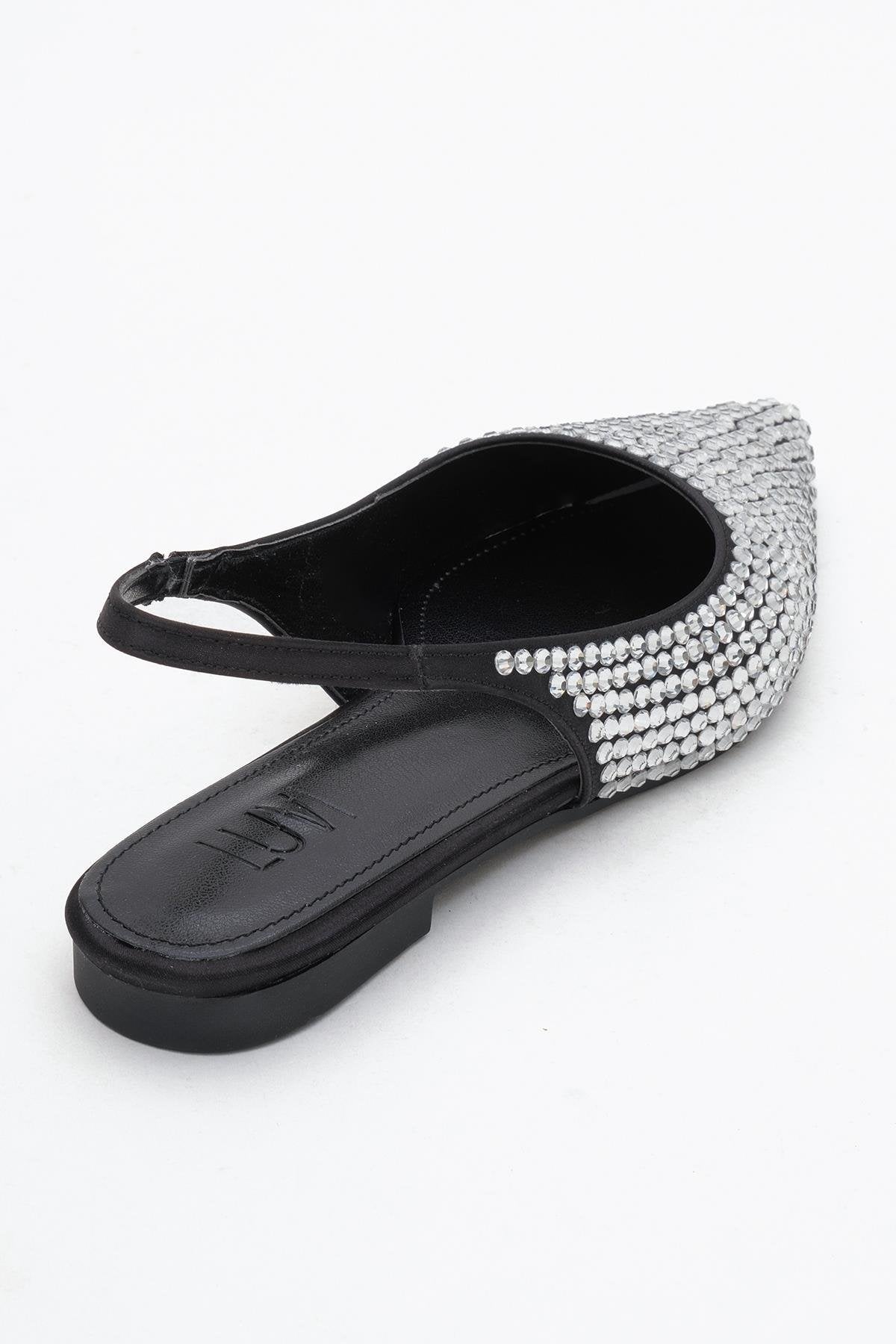 Ida - Black Silver Pointed Toe Slingback Ballerina Flat – back view showing leather, black, silver, Vowalisse