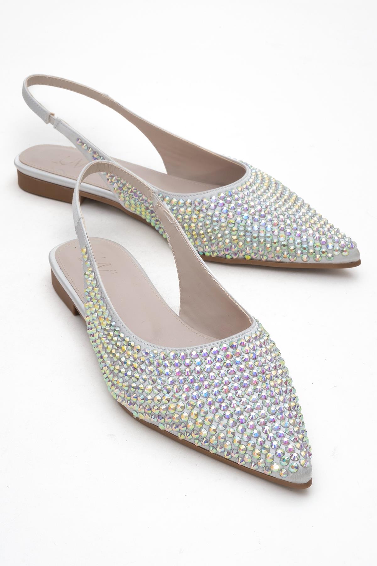 Ida - Silver Pointed Toe Open-Back Ballet Flat – front three-quarter view showing leather, silver, red, Vowalisse