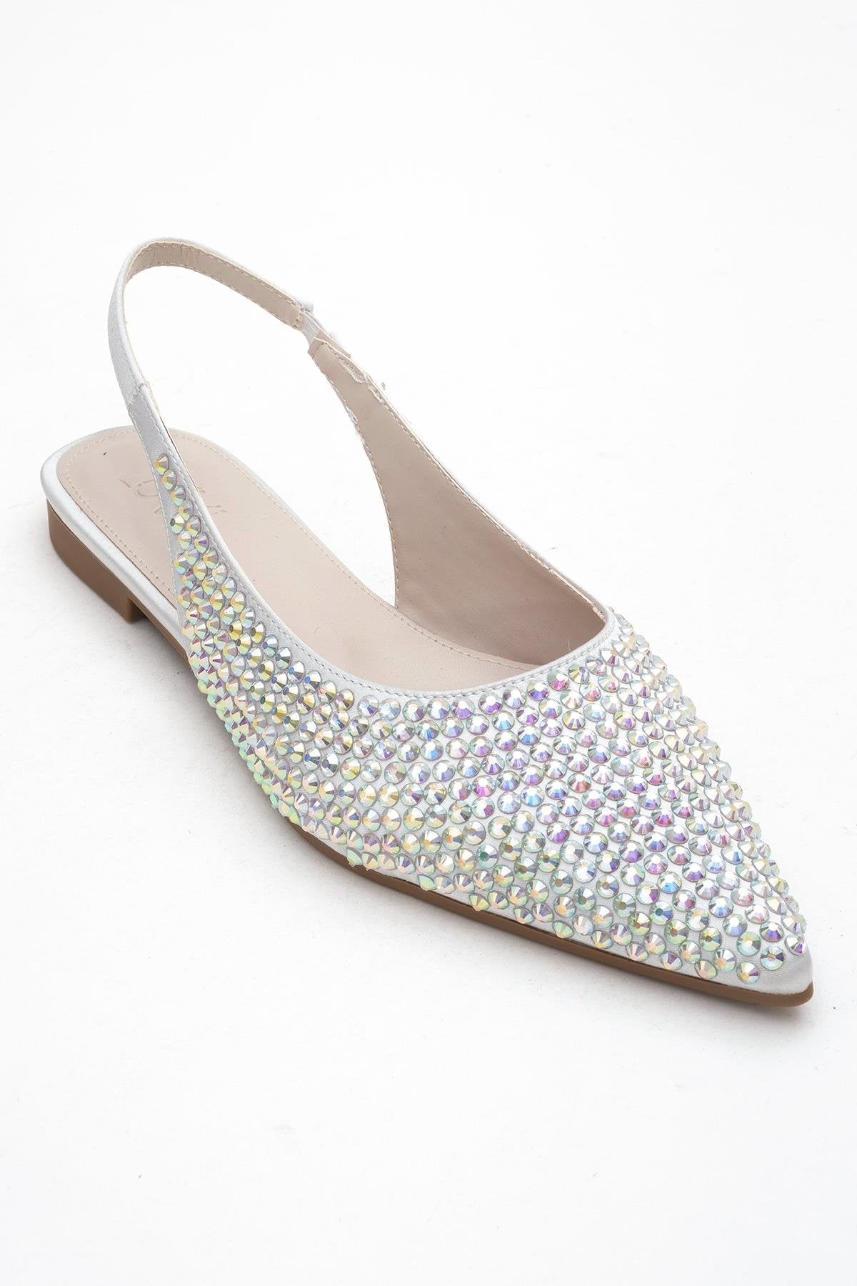 Ida - Silver Pointed Toe Open-Back Ballet Flat – detail view showing leather, silver, red, Vowalisse