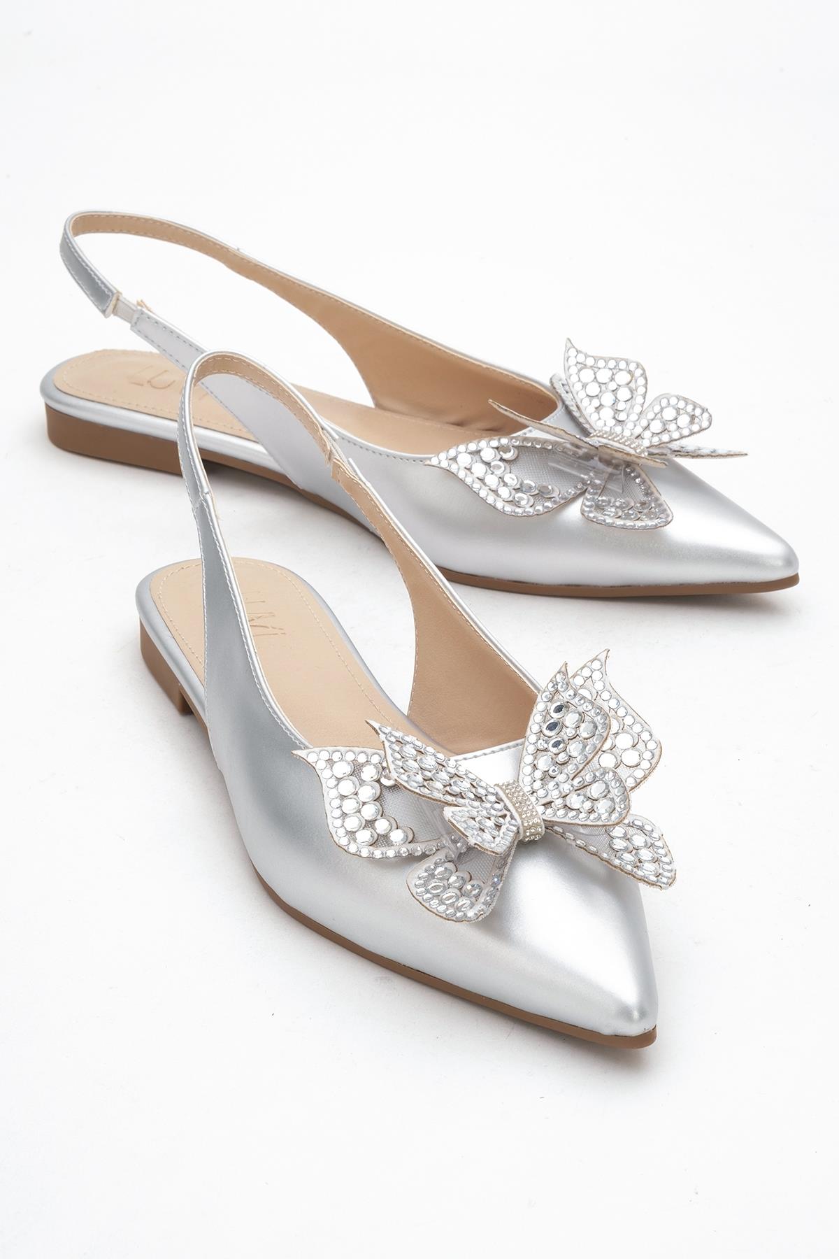 Oriol - Silver Pointed Toe Open-Back Ballet Flat – front three-quarter view showing leather, silver, Vowalisse