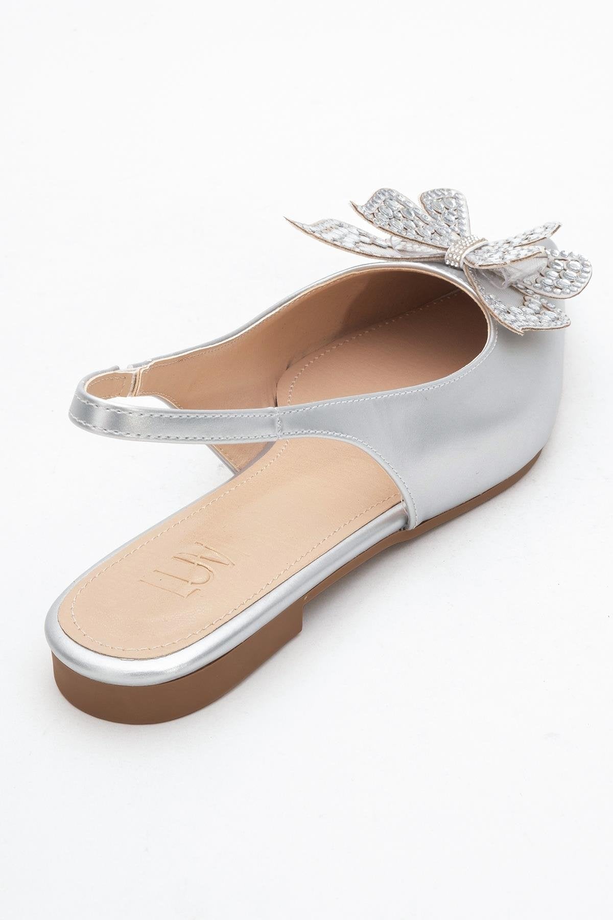 Oriol - Silver Pointed Toe Open-Back Ballet Flat – back view showing leather, silver, Vowalisse