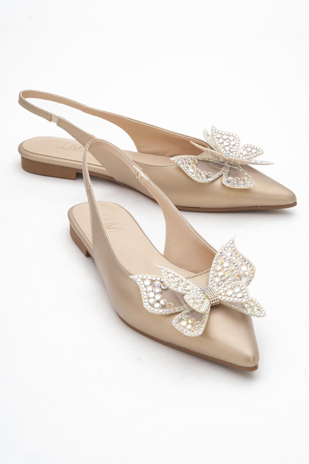 Oriol - Gold Pointed Toe Open-Back Ballet Flat – front three-quarter view showing leather, gold, Vowalisse