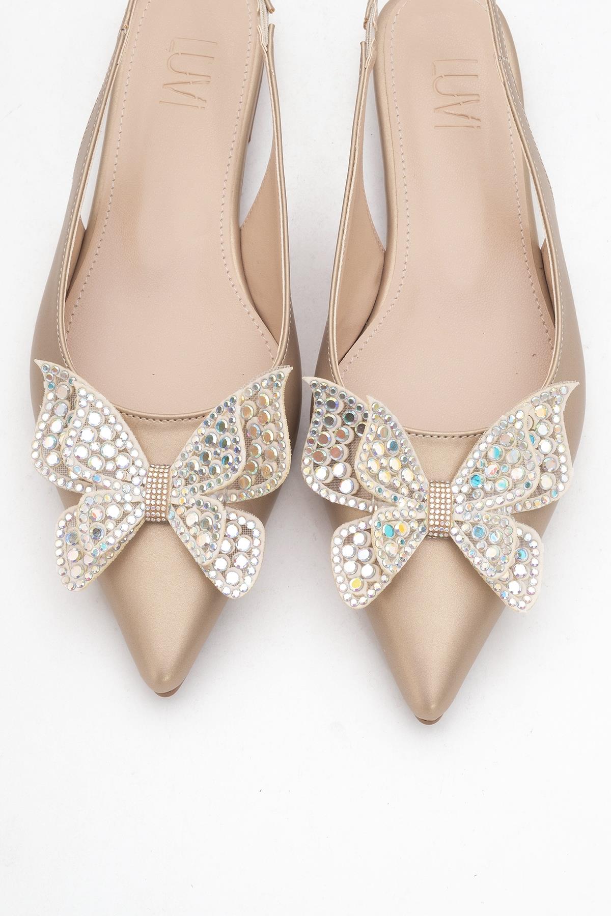 Oriol - Gold Pointed Toe Open-Back Ballet Flat – side view showing leather, gold, Vowalisse