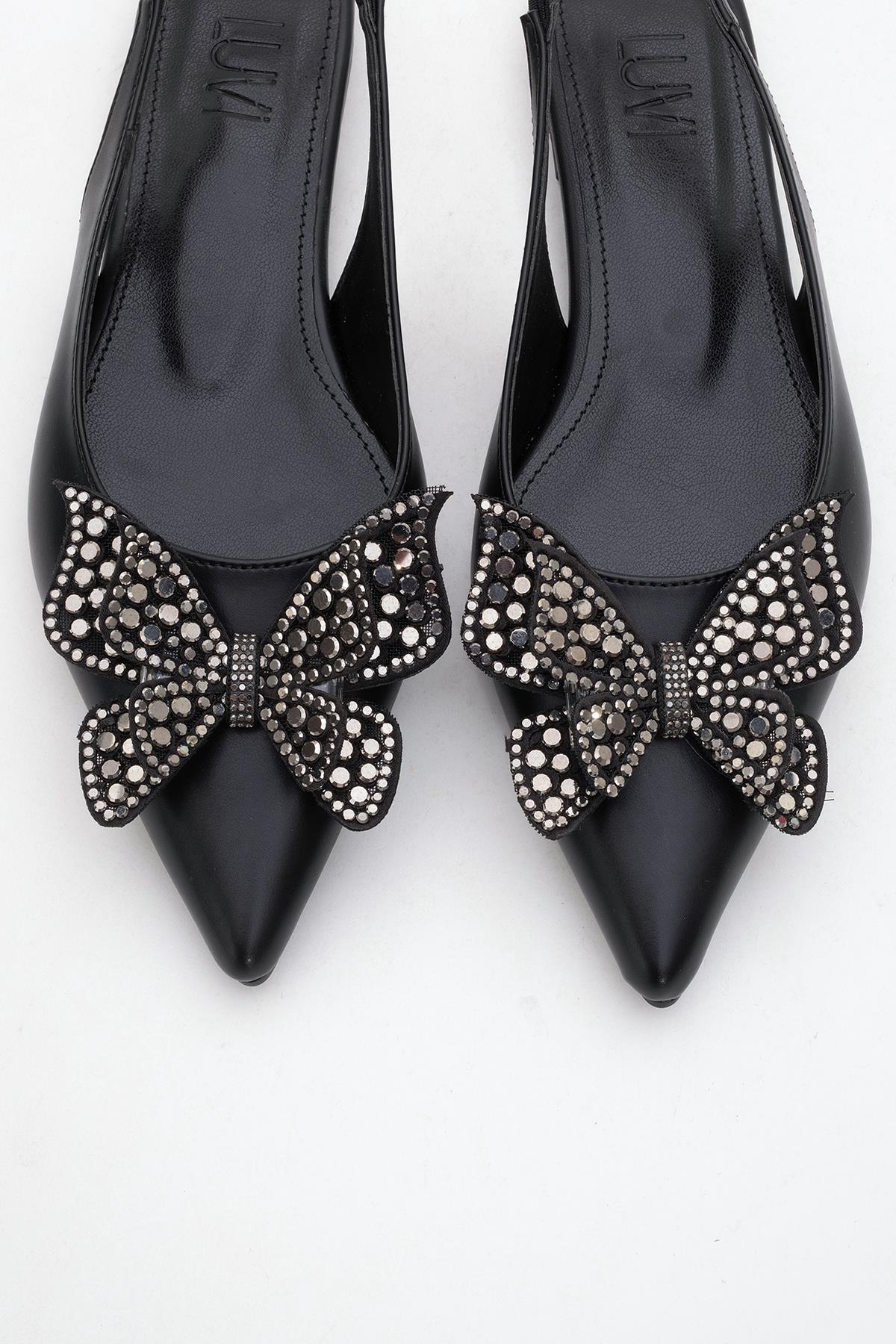 Oriol - Black Pointed Toe Open-Back Ballet Flat – side view showing leather, black, Vowalisse