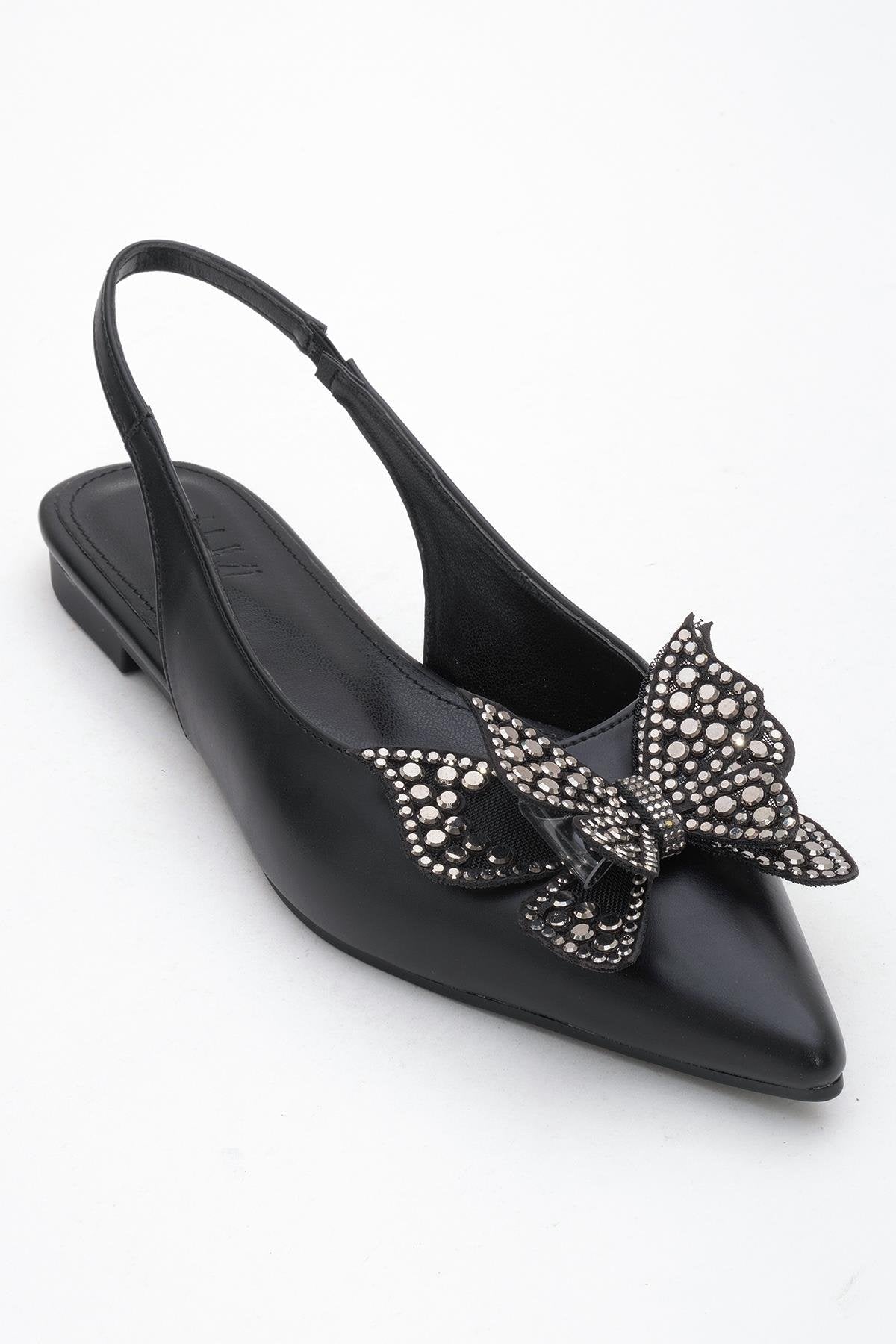 Oriol - Black Pointed Toe Open-Back Ballet Flat – detail view showing leather, black, Vowalisse