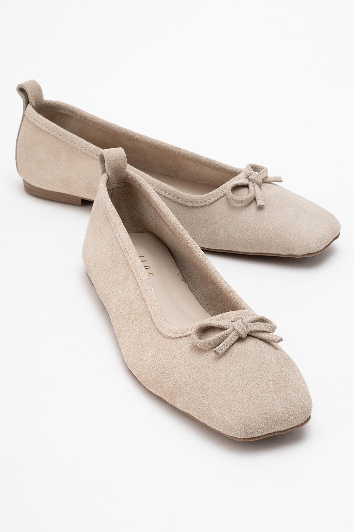 Sosa - Beige Suede Genuine Leather Square Toe Bow Ballet Flat – front three-quarter view showing bow, leather, suede…