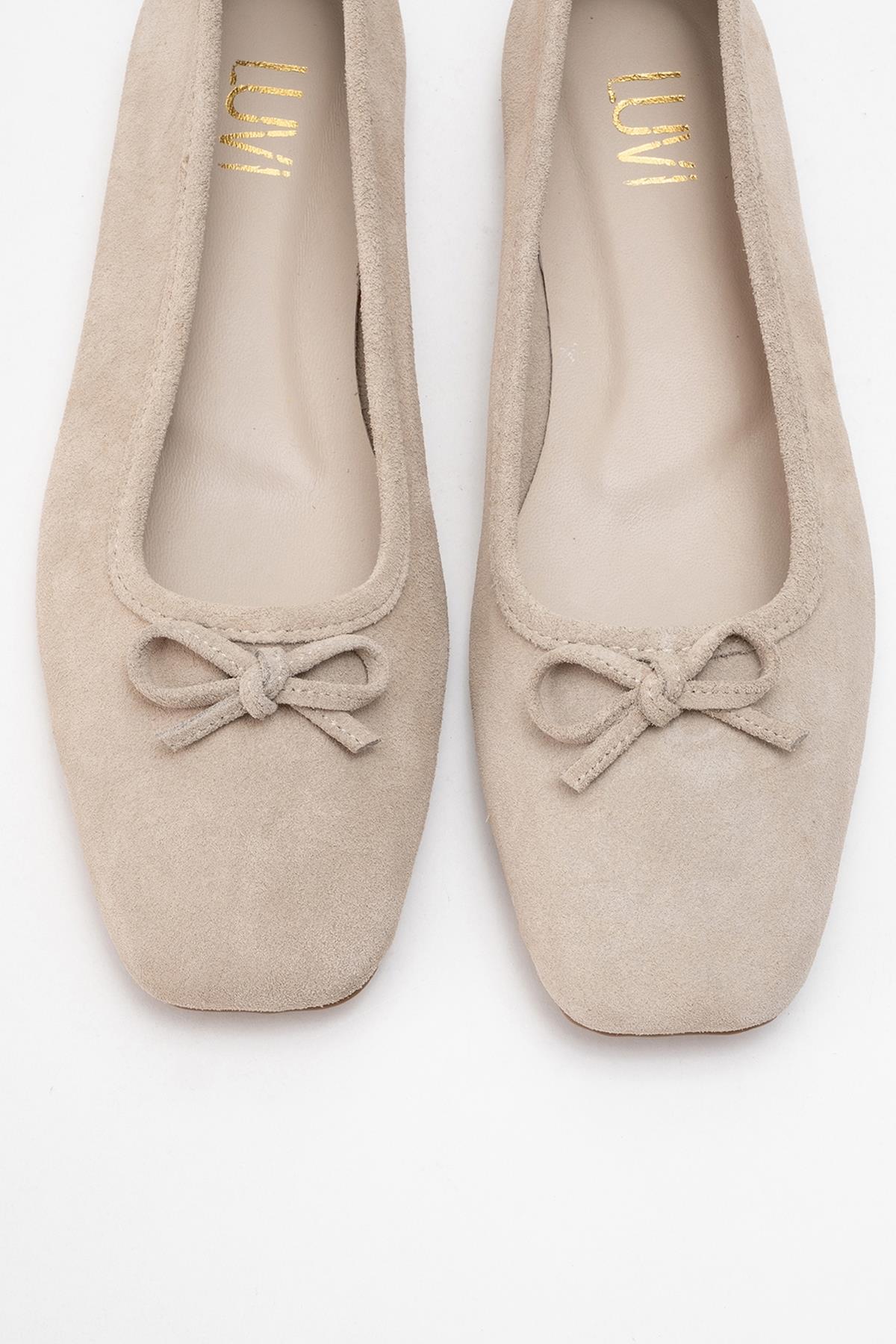 Sosa - Beige Suede Genuine Leather Square Toe Bow Ballet Flat – side view showing bow, leather, suede, Vowalisse