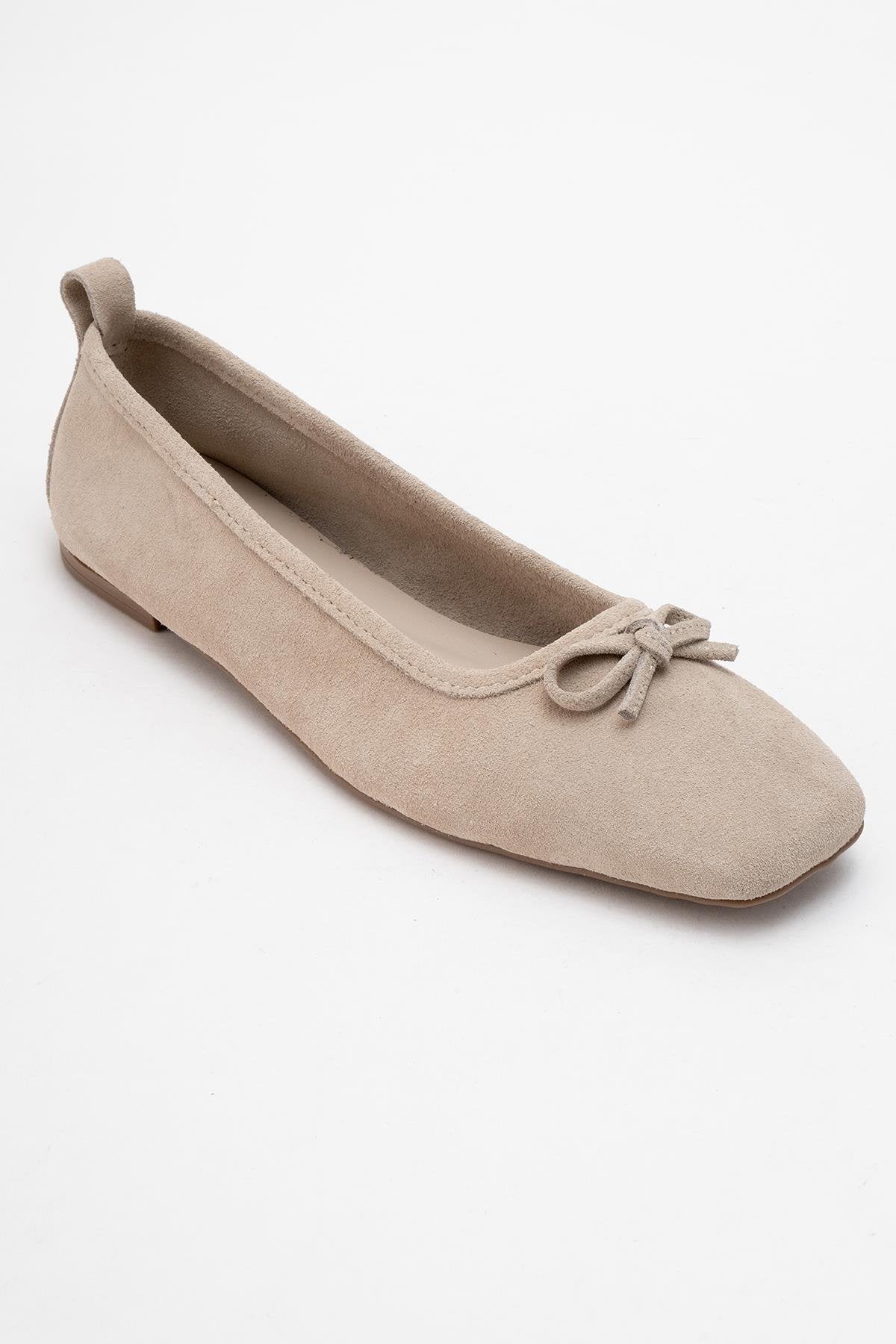 Sosa - Beige Suede Genuine Leather Square Toe Bow Ballet Flat – detail view showing bow, leather, suede, Vowalisse